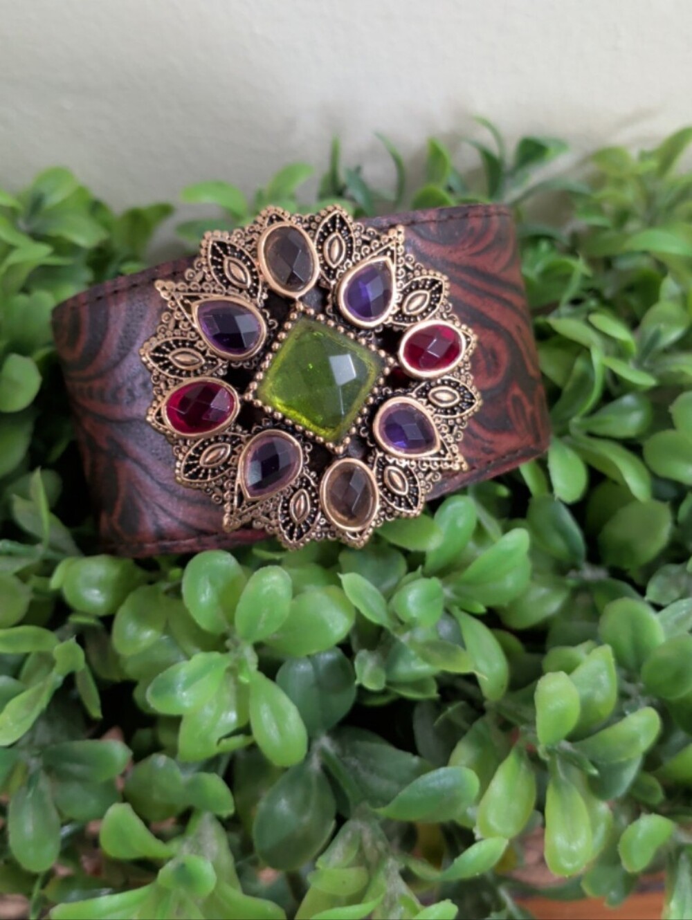 Barse Genuine Leather Cuff Bracelet with Filigree Medallion